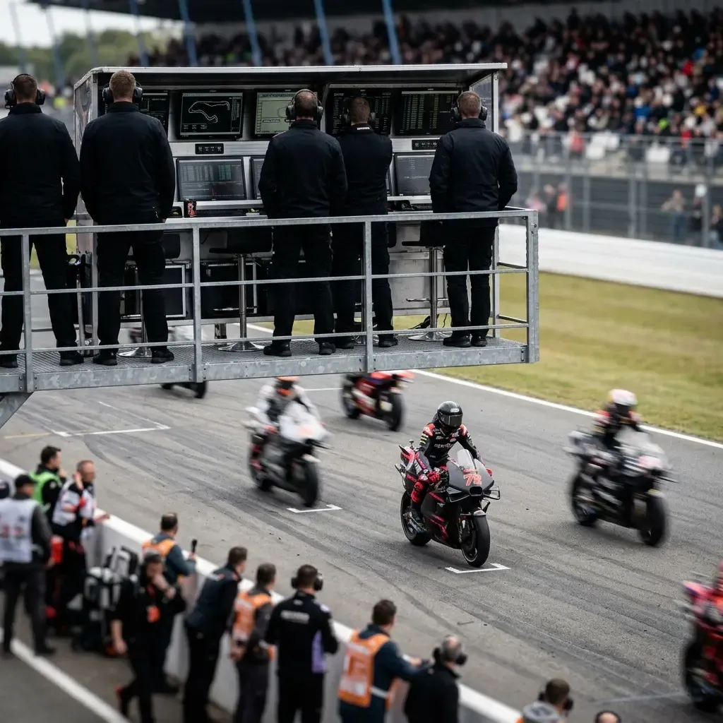 Illustration for our Indonesian Grand Prix story: a team pit wall overlooking the main circuit straight.