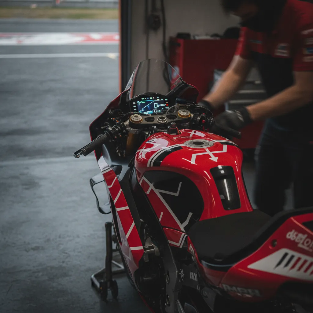 A close-up view of the intricate controls and dashboard on a Ducati MotoGP bike inside the team garage.