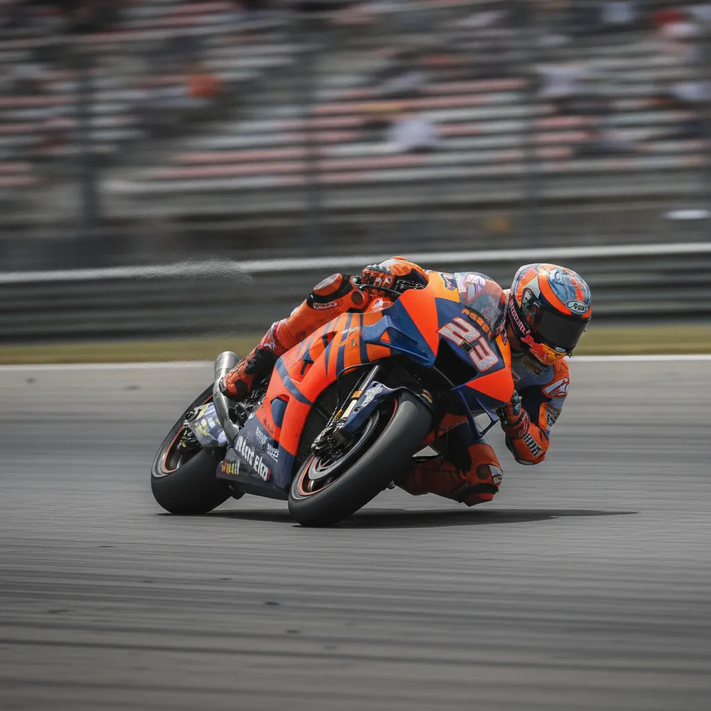 A KTM factory racing bike at maximum lean angle while cornering at speed on a MotoGP circuit.