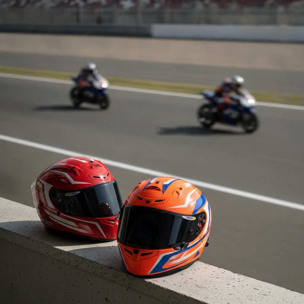 A red helmet and an orange helmet sit together on a pit wall, symbolising the two brothers' different team choices.