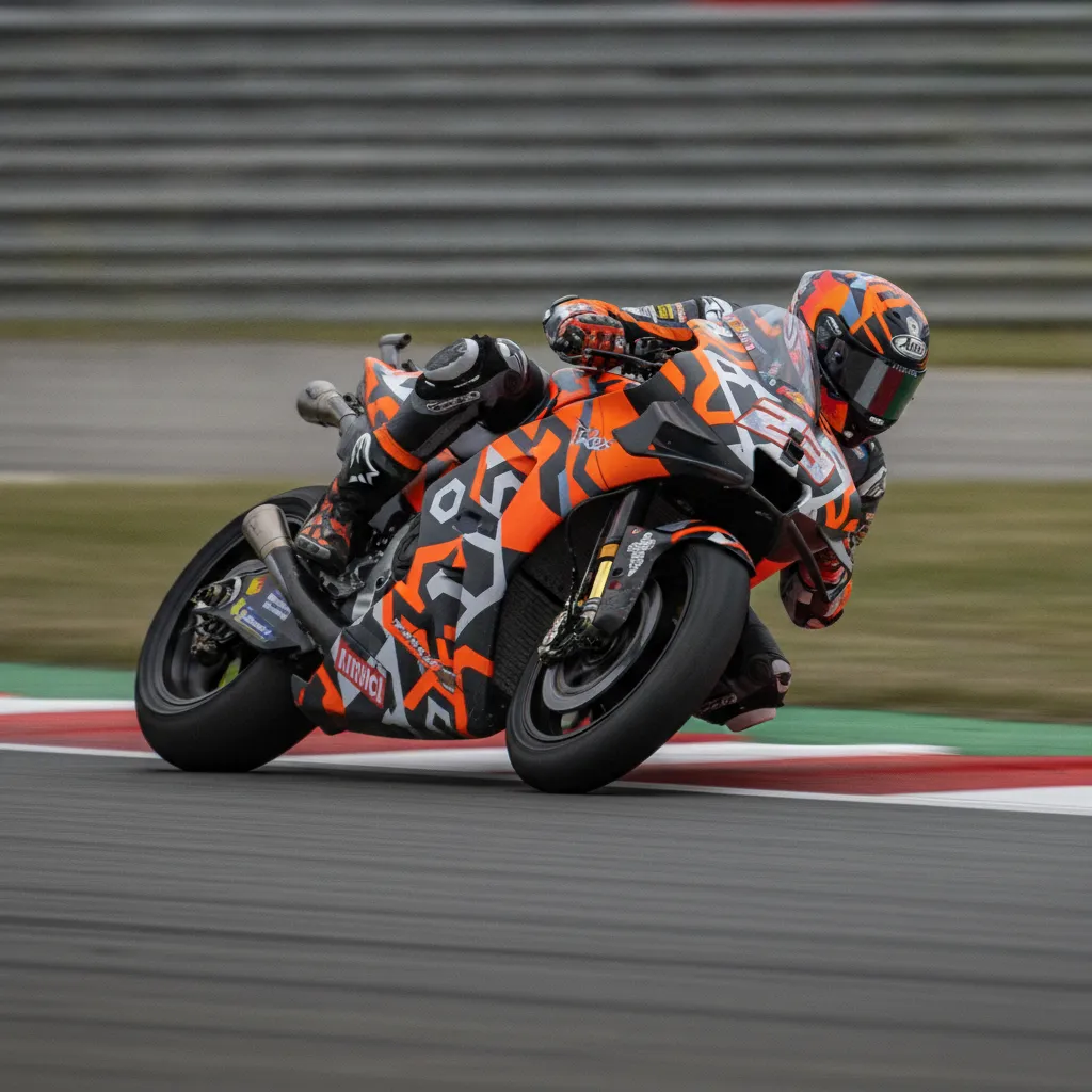 A rider on an orange KTM MotoGP bike is seen cornering at high speed on a race track.