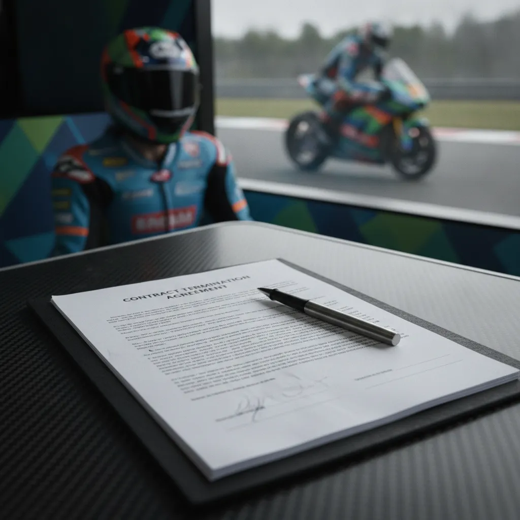 A close-up view of a motorsport contract and pen resting on a table in a team's hospitality area.