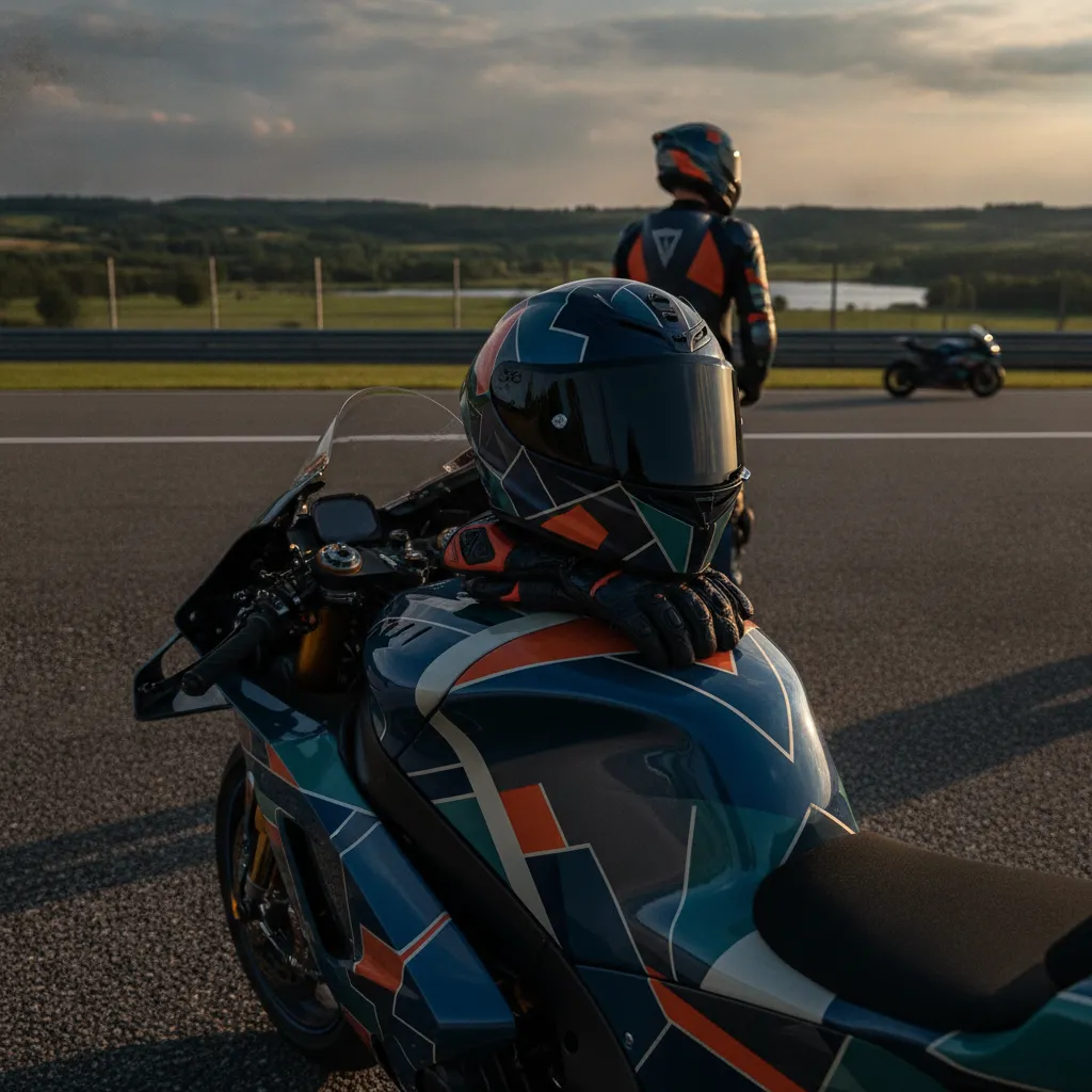 A racing helmet and gloves sit on a parked MotoGP bike, with a peaceful landscape visible beyond the track.