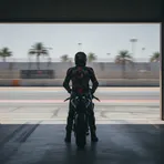 A rider in racing gear stands alone in a shadowy pit garage, looking out at an empty circuit.