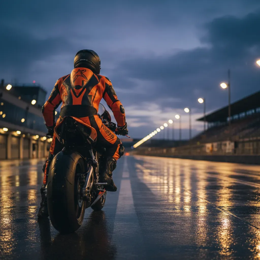 An atmospheric shot from behind a rider in vibrant orange racing leathers, looking down a long, rain-slicked pit lane at