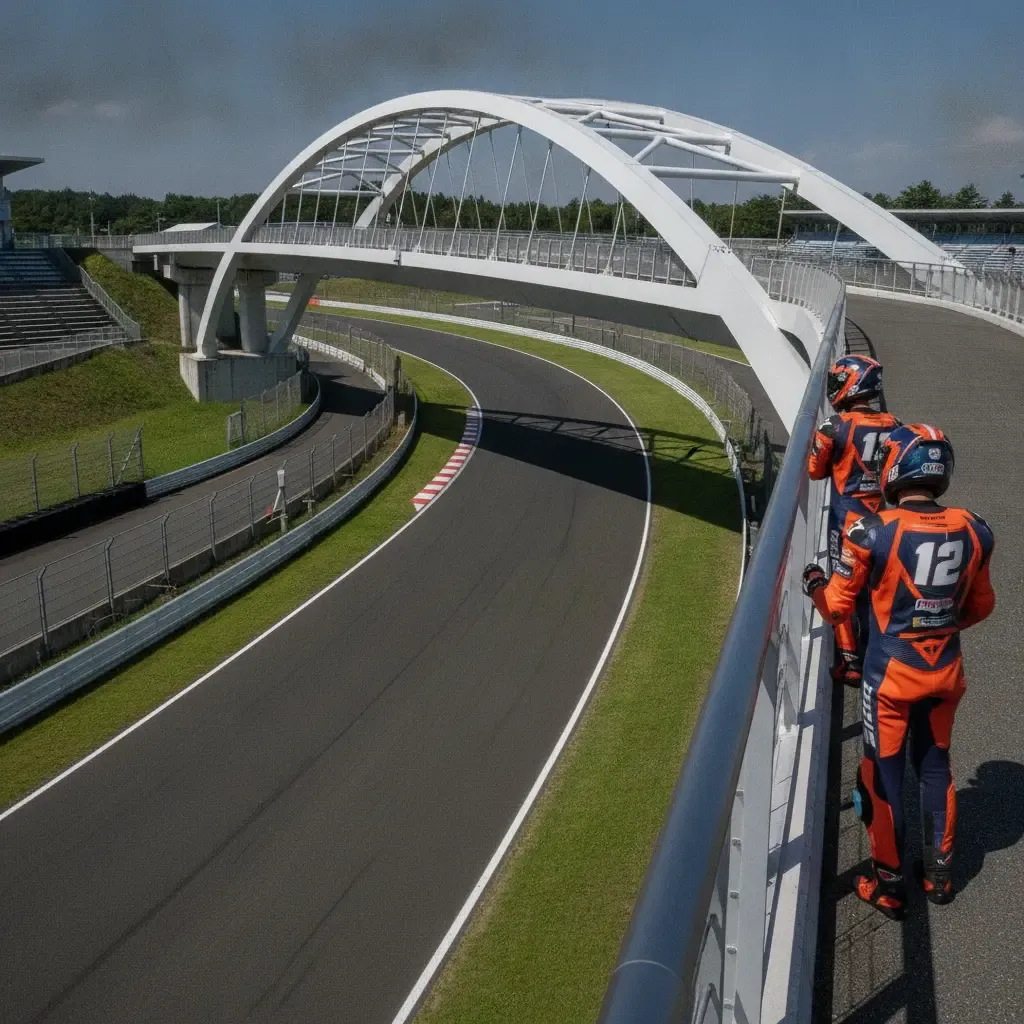 The famous bridge crossing the track at the Mobility Resort Motegi circuit in Japan.