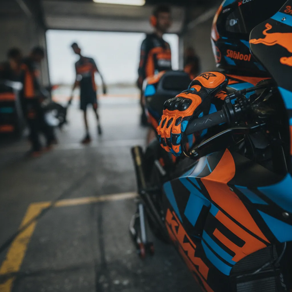 A detailed view of a rider's glove on the fuel tank of a Tech3 KTM motorcycle in the pit garage.