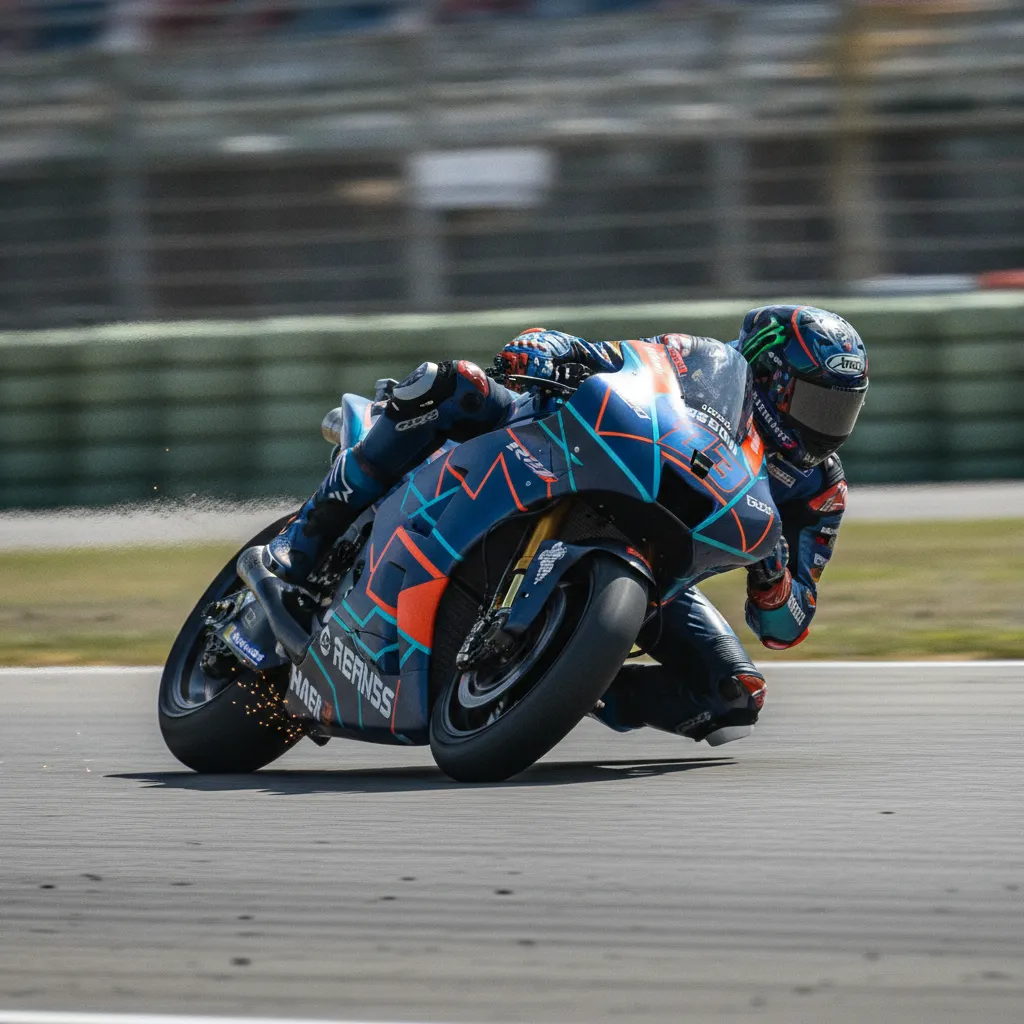 Maverick Viñales leans his MotoGP bike at an extreme angle through a fast corner during a race.