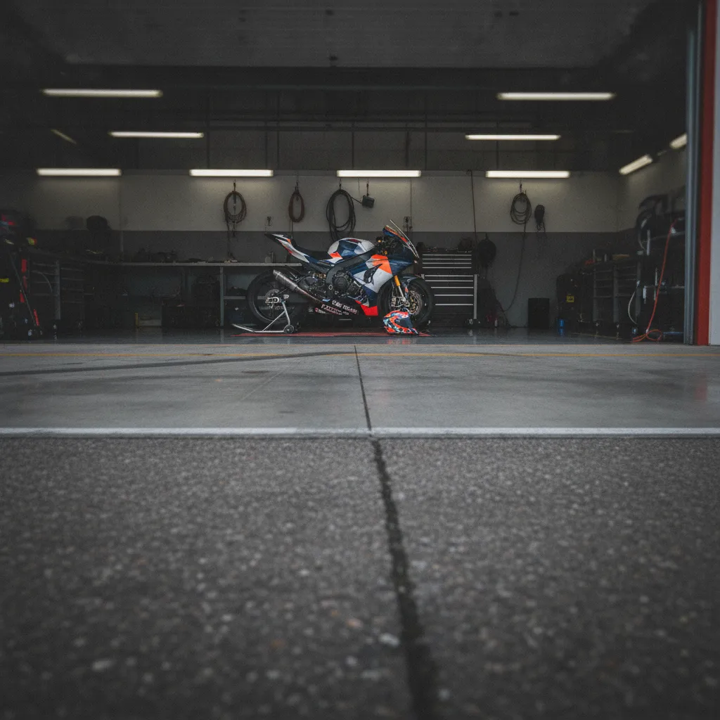 An empty and quiet MotoGP pit garage at the end of a race weekend.