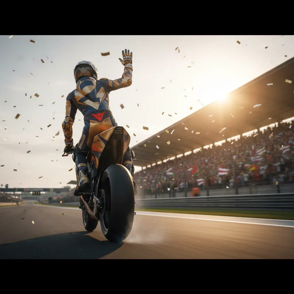 A celebratory shot from behind an anonymous MotoGP rider performing a stand-up wheelie down the main straight after a ra
