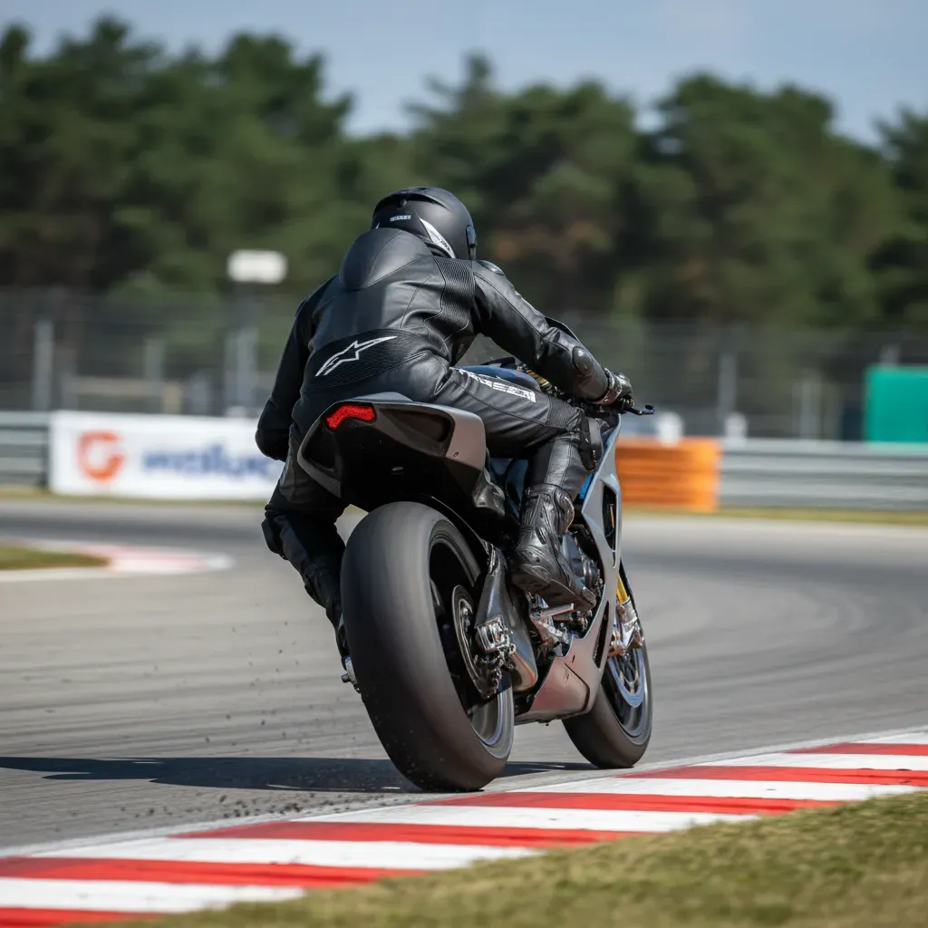 A dynamic shot from behind a rider wrestling their powerful prototype motorcycle through a fast, sweeping corner. The re