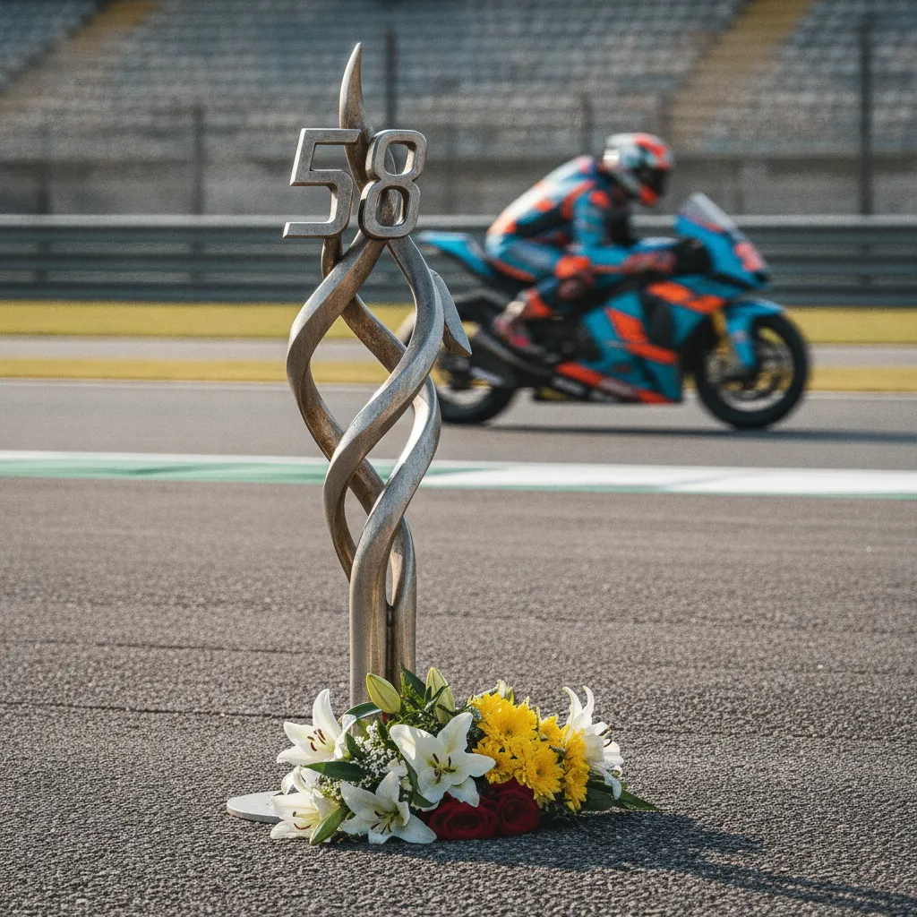 A close-up of the memorial tribute to the late rider Marco Simoncelli at the Misano circuit.