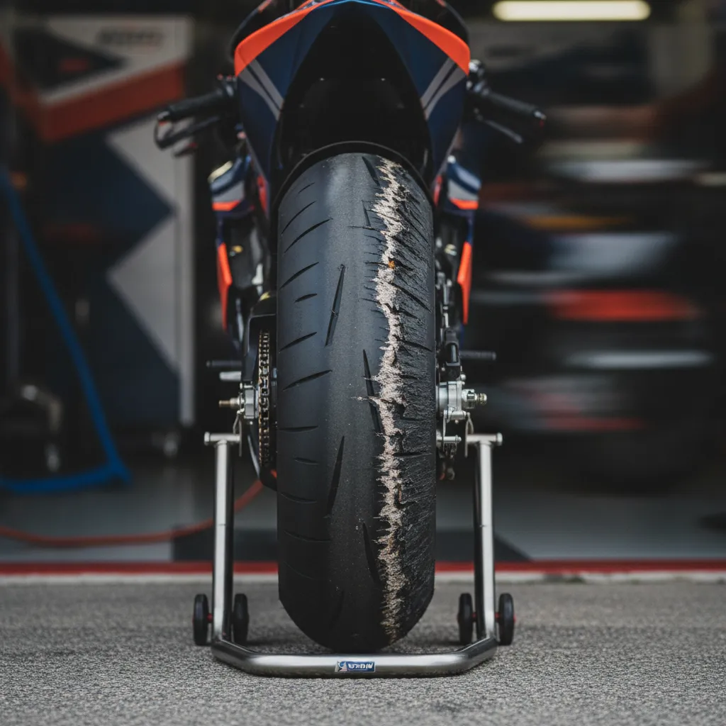 A heavily worn rear MotoGP tyre in a pit box, showing extreme wear on its right side, a result of Misano's clockwise layout.
