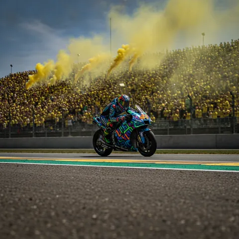 The packed grandstands at Misano filled with fans and yellow smoke, with a MotoGP bike speeding past in the foreground.