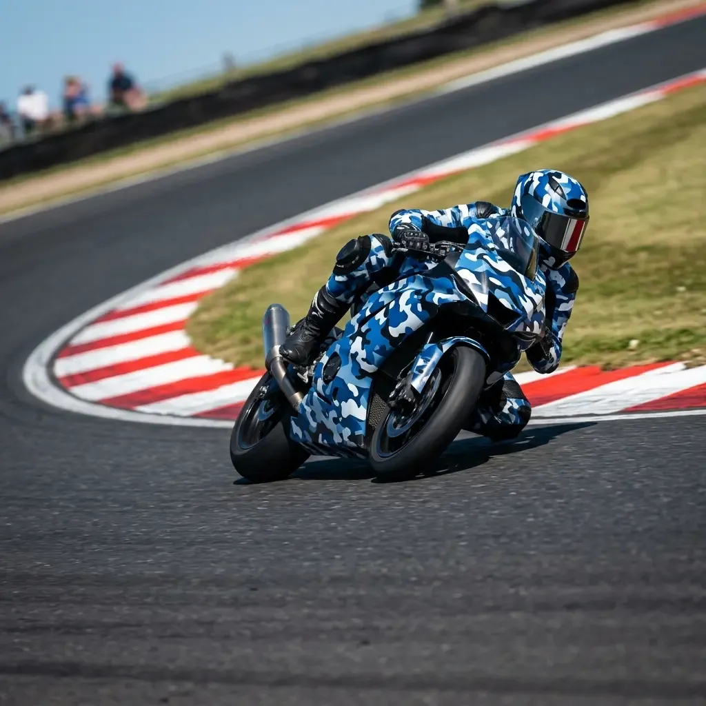 A sleek, royal blue prototype racing motorcycle, devoid of logos, is banked over at an extreme lean angle through a fast