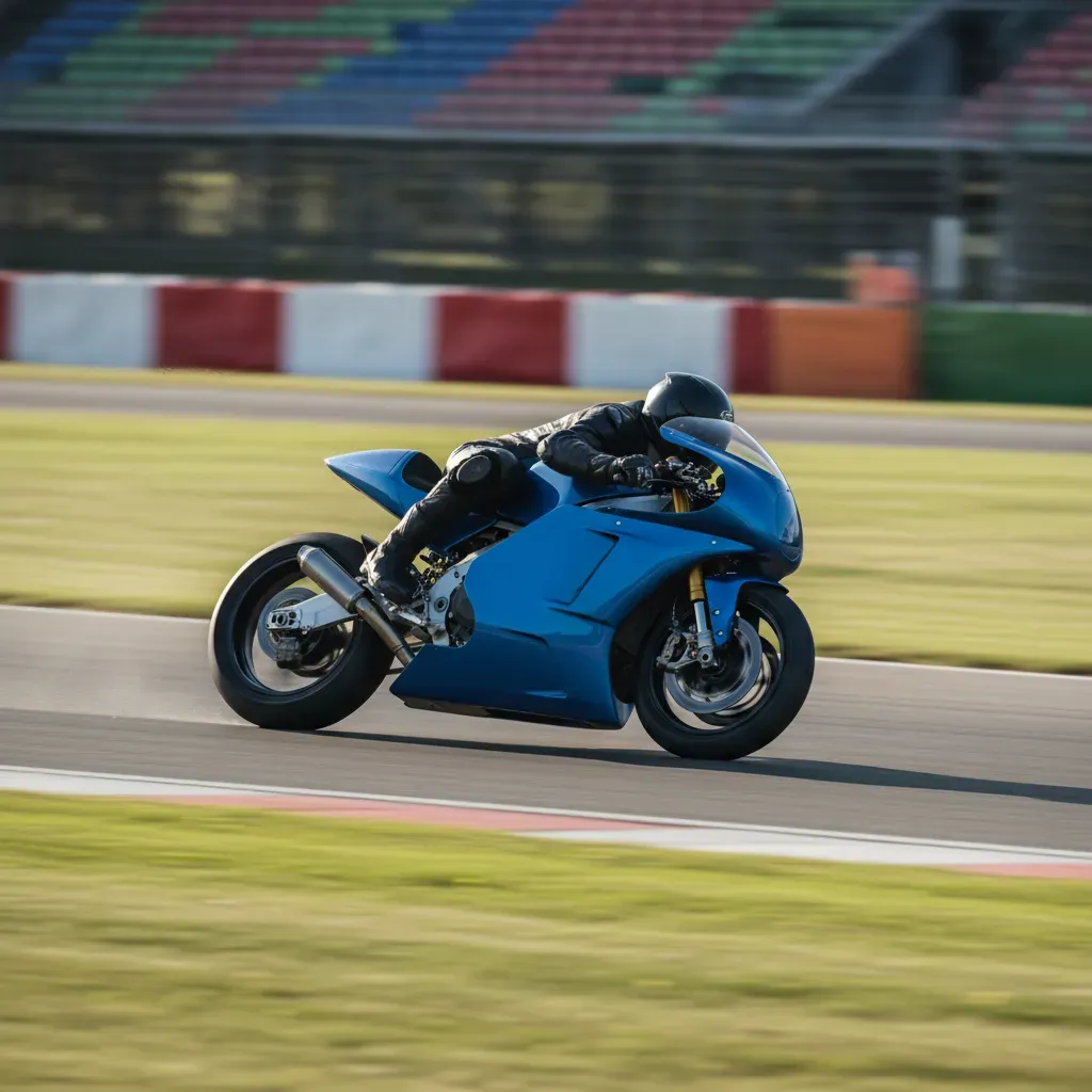 A sleek, royal blue prototype racing motorcycle, devoid of logos, is banked over at an extreme lean angle through a fast