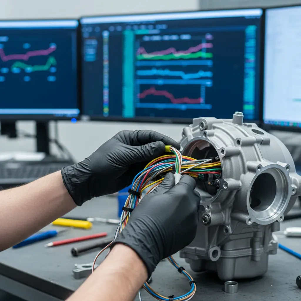 A tight, macro shot focusing on an anonymous engineer's gloved hands meticulously connecting a complex wiring loom to a 