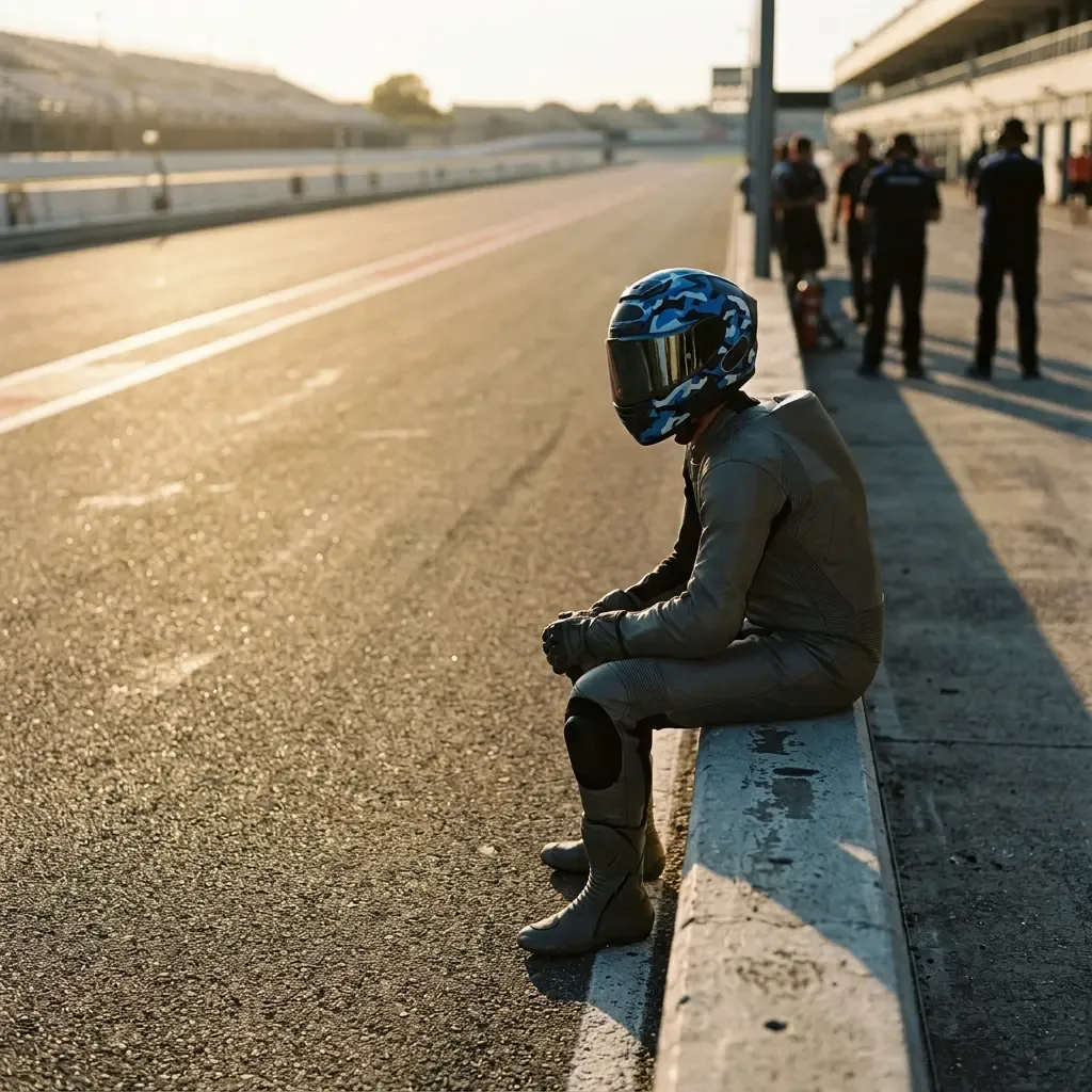 From behind, a lone team member in a simple blue uniform stands at the pit wall, looking down the main straight of an em