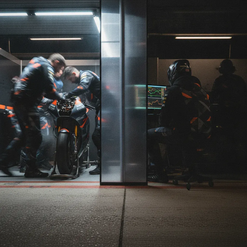 A view inside a divided MotoGP pit garage, symbolising the tension of a teammate rivalry.