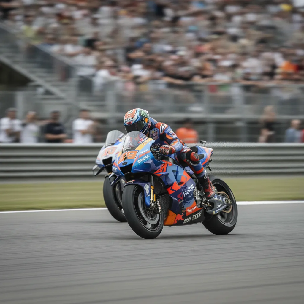 A MotoGP rider overtakes a rival at immense speed on a long straight during a race.