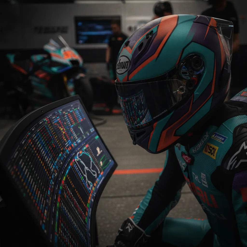 A MotoGP rider sits in the pit box, intently studying timing data on a screen, highlighting the strategic side of competition.
