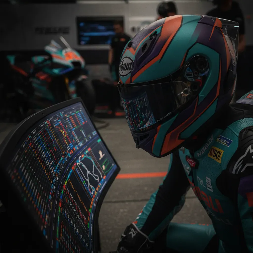 A MotoGP rider sits in the pit box, intently studying timing data on a screen, highlighting the strategic side of competition.