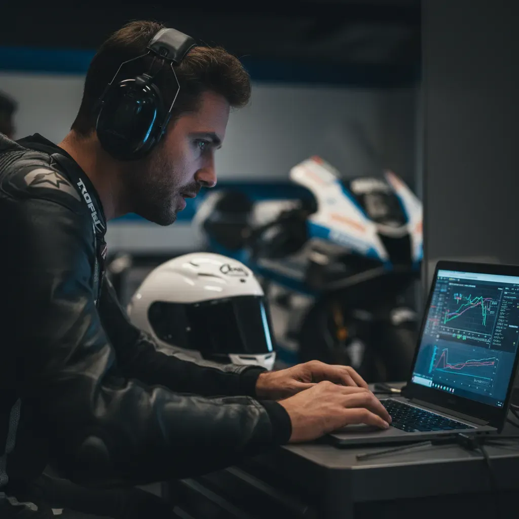 A quiet, intense moment in a dimly lit MotoGP garage before a race. A rider in plain leathers, helmet on the table besid
