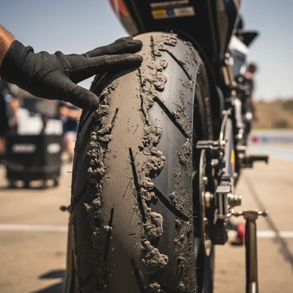 A ground-level, macro shot focusing on the rear tyre of a prototype racing motorcycle parked in the pit lane after a gru