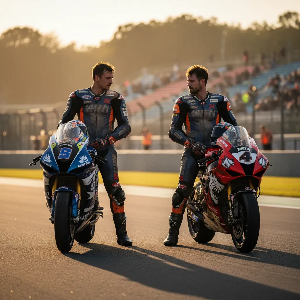 An atmospheric shot in parc fermé after a race. Two rival riders from different teams, their race suits unzipped and hel