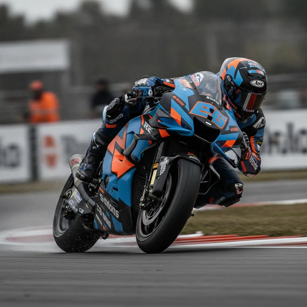 A group of MotoGP bikes accelerate hard from the starting line, their front wheels lifting slightly.