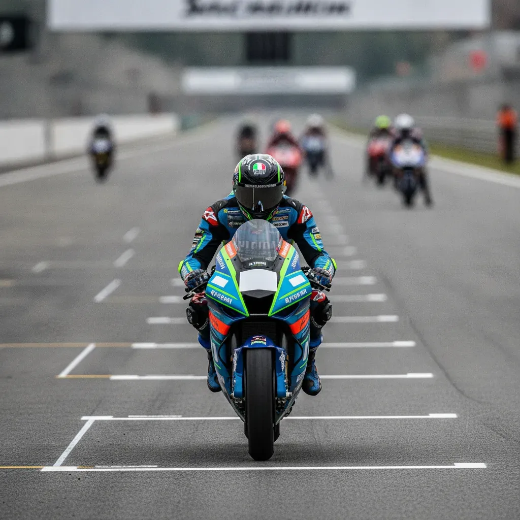 Two MotoGP bikes are shown leaning at an extreme angle while racing wheel-to-wheel through a corner.