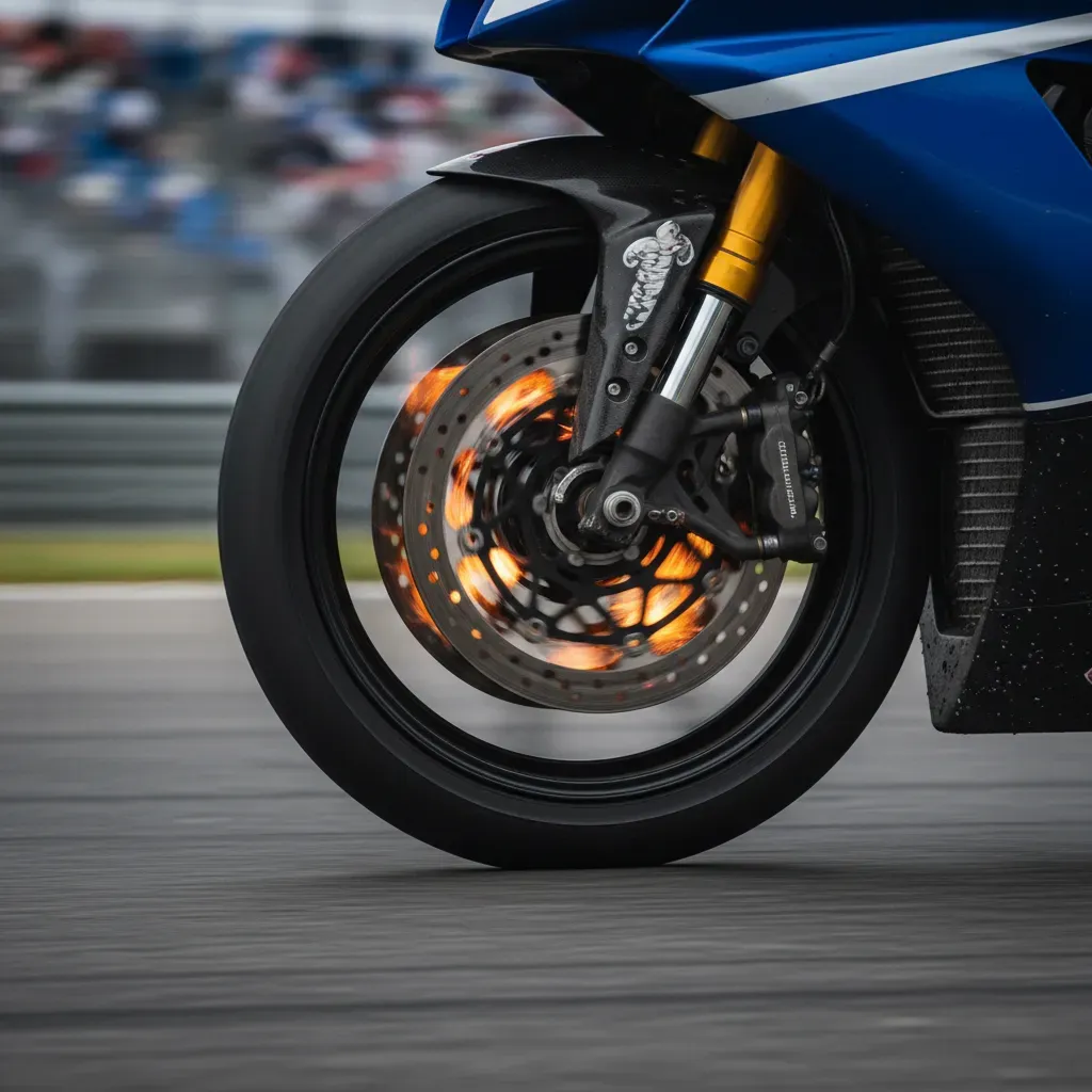 A hyper-detailed, super-telephoto close-up capturing a MotoGP bike's front wheel under extreme braking. The carbon brake