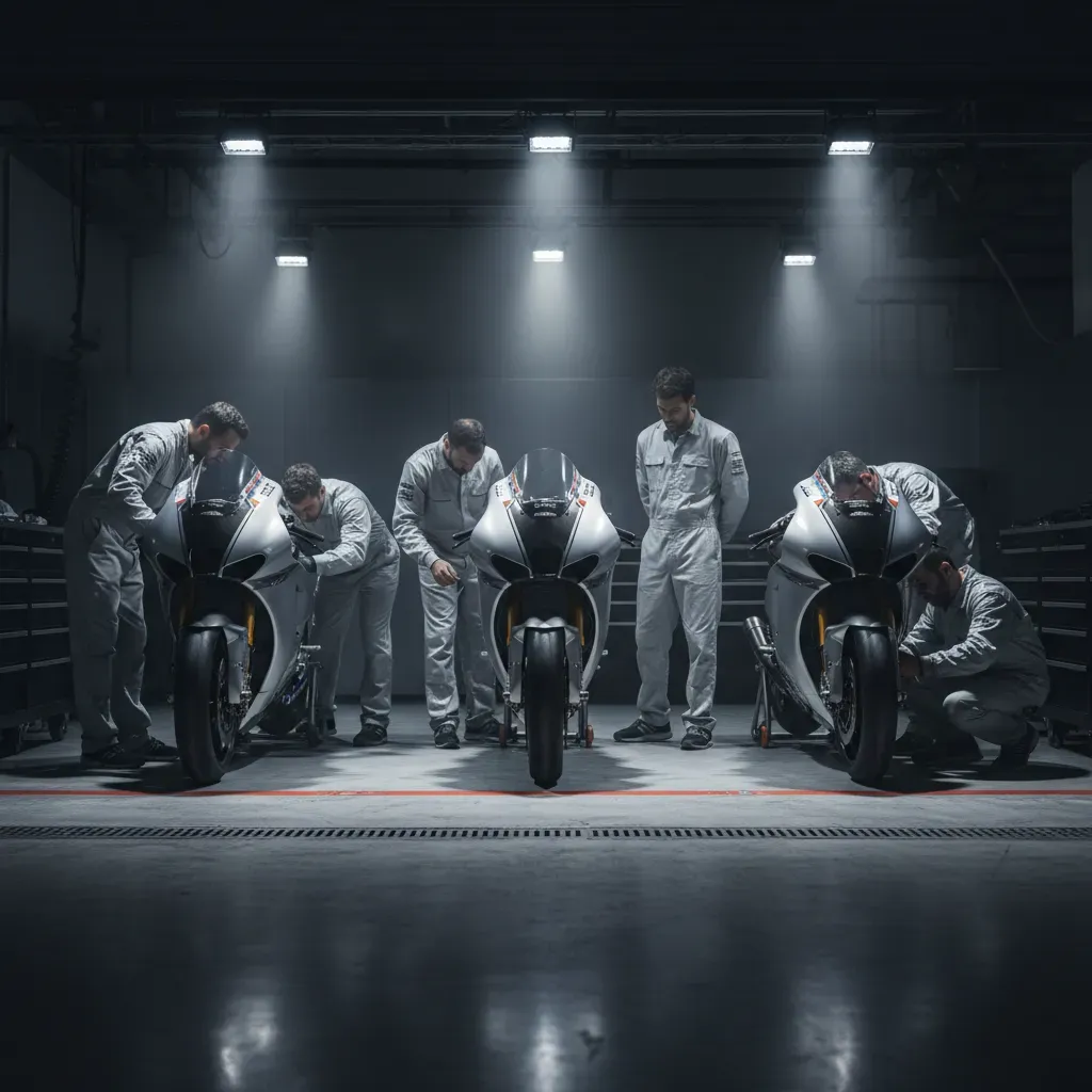 A wide, atmospheric shot inside a pristine and minimalist MotoGP garage before a race. Three identical, unbranded protot