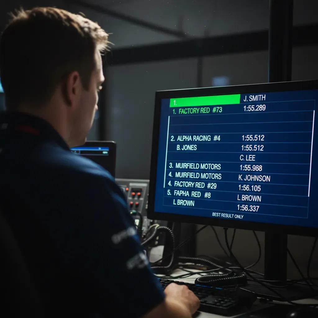A close-up, over-the-shoulder shot of a race official looking at a giant digital timing screen in a dimly lit race contr