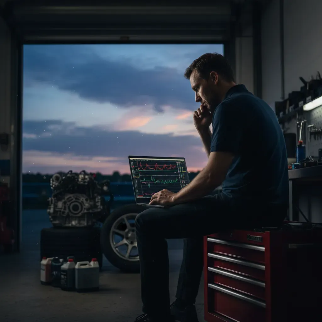 A solitary lead engineer sits on a tool chest in a quiet, dimly lit garage long after a race has finished. The garage do