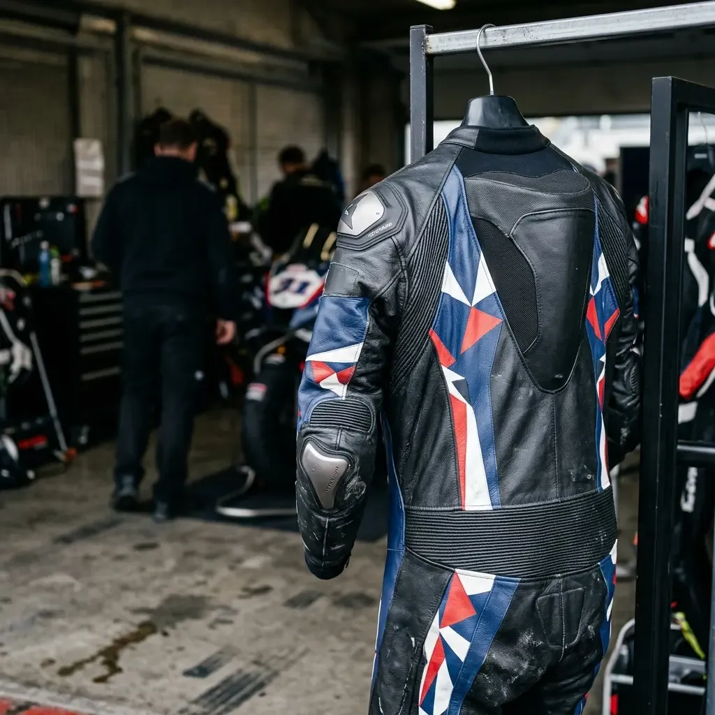 A detailed, close-up studio shot of a high-tech MotoGP leather suit on a mannequin. The focus is on the texture of the l