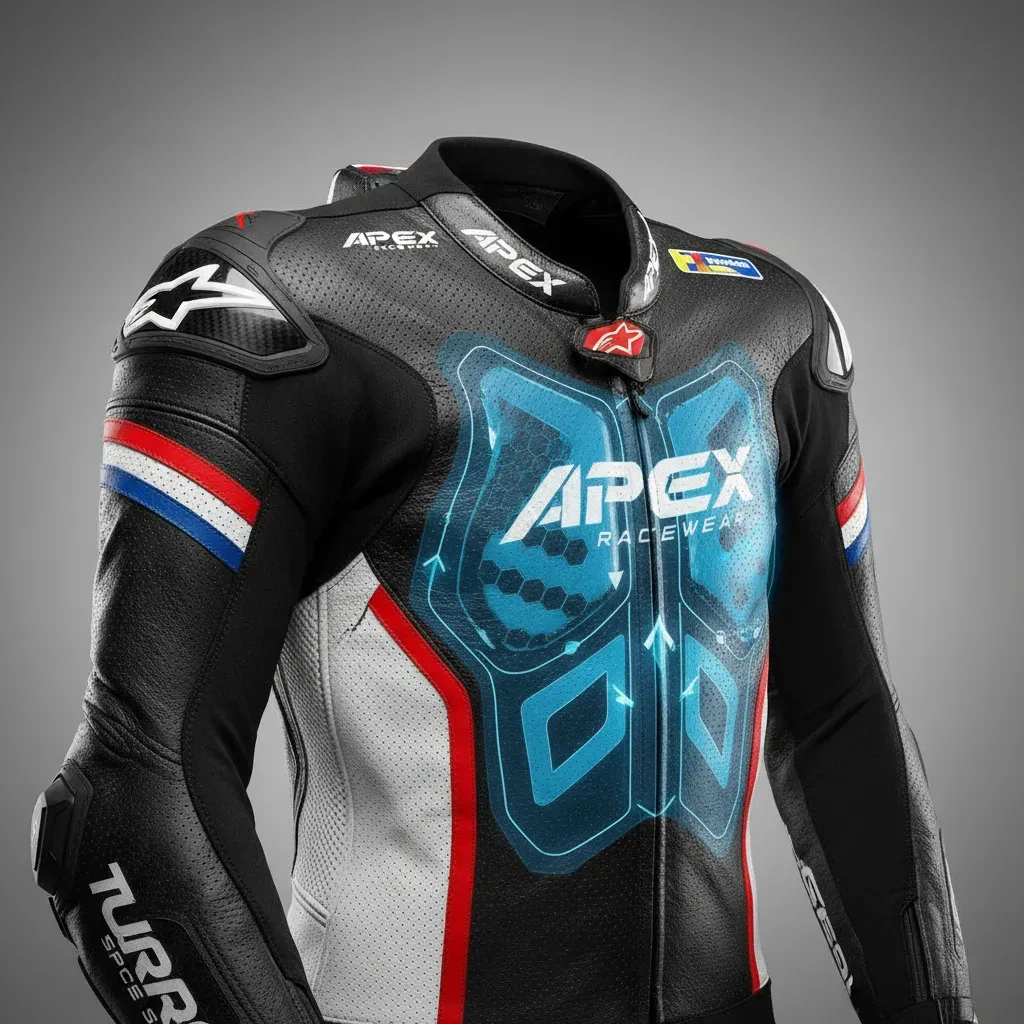 A detailed, close-up studio shot of a high-tech MotoGP leather suit on a mannequin. The focus is on the texture of the l