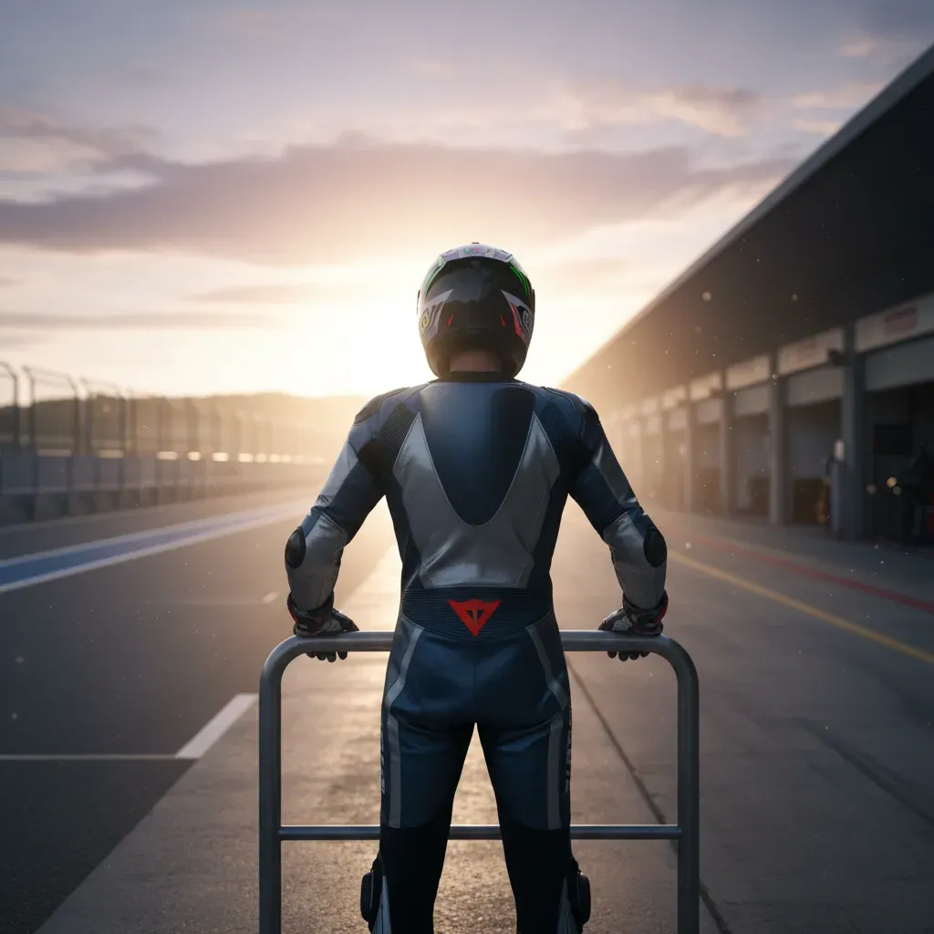 An atmospheric, hopeful shot from behind a generic MotoGP rider, helmet on, standing in the pit lane looking out towards