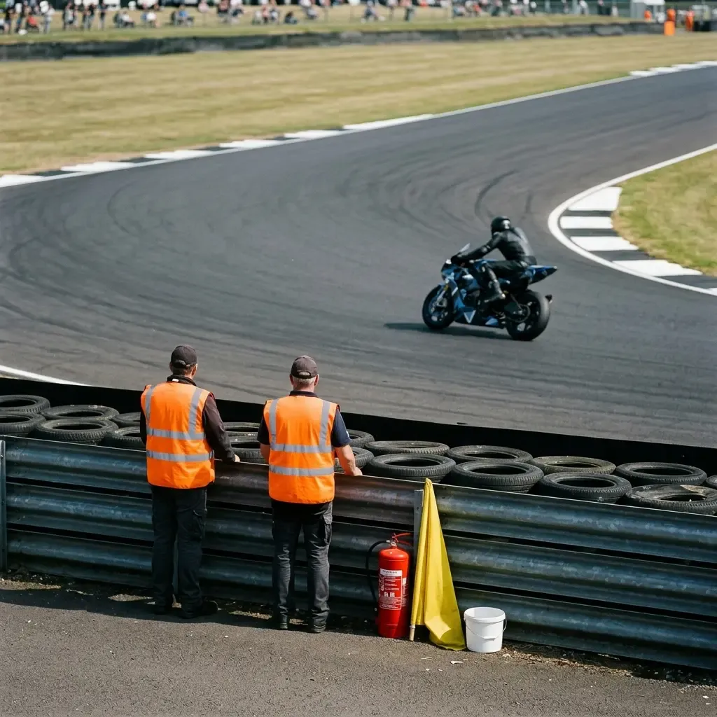 An atmospheric, hopeful shot from behind a generic MotoGP rider, helmet on, standing in the pit lane looking out towards