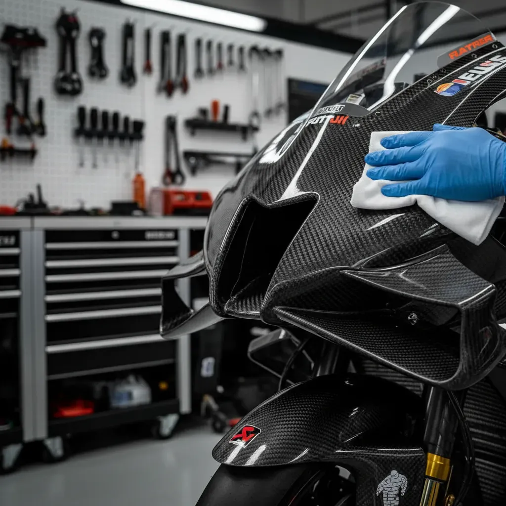 A detailed close-up shot inside a pristine, brightly lit racing garage. The focus is on the complex front fairing of a p