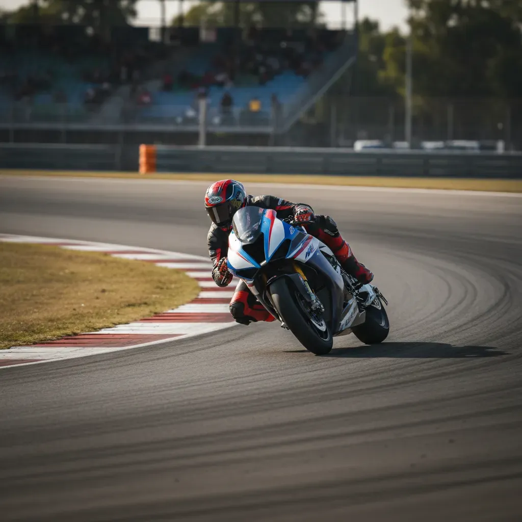 A photorealistic, slightly elevated trackside view of a racing motorcycle leaned deep into a fast, sweeping corner. The 
