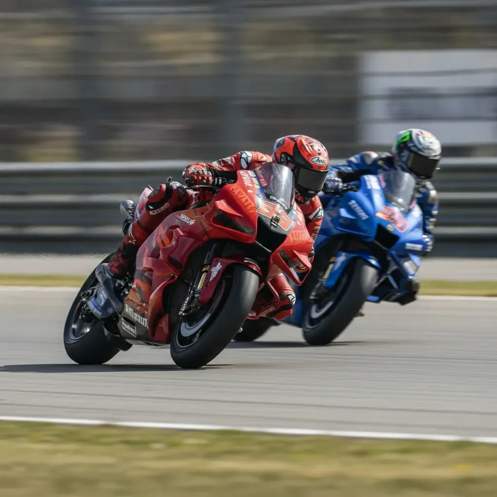 A red MotoGP bike with large aerodynamic wings corners at high speed on a race circuit.
