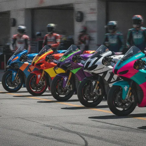 Five different MotoGP motorcycles from various manufacturers are lined up in a row in the pit lane, showcasing their unique designs.