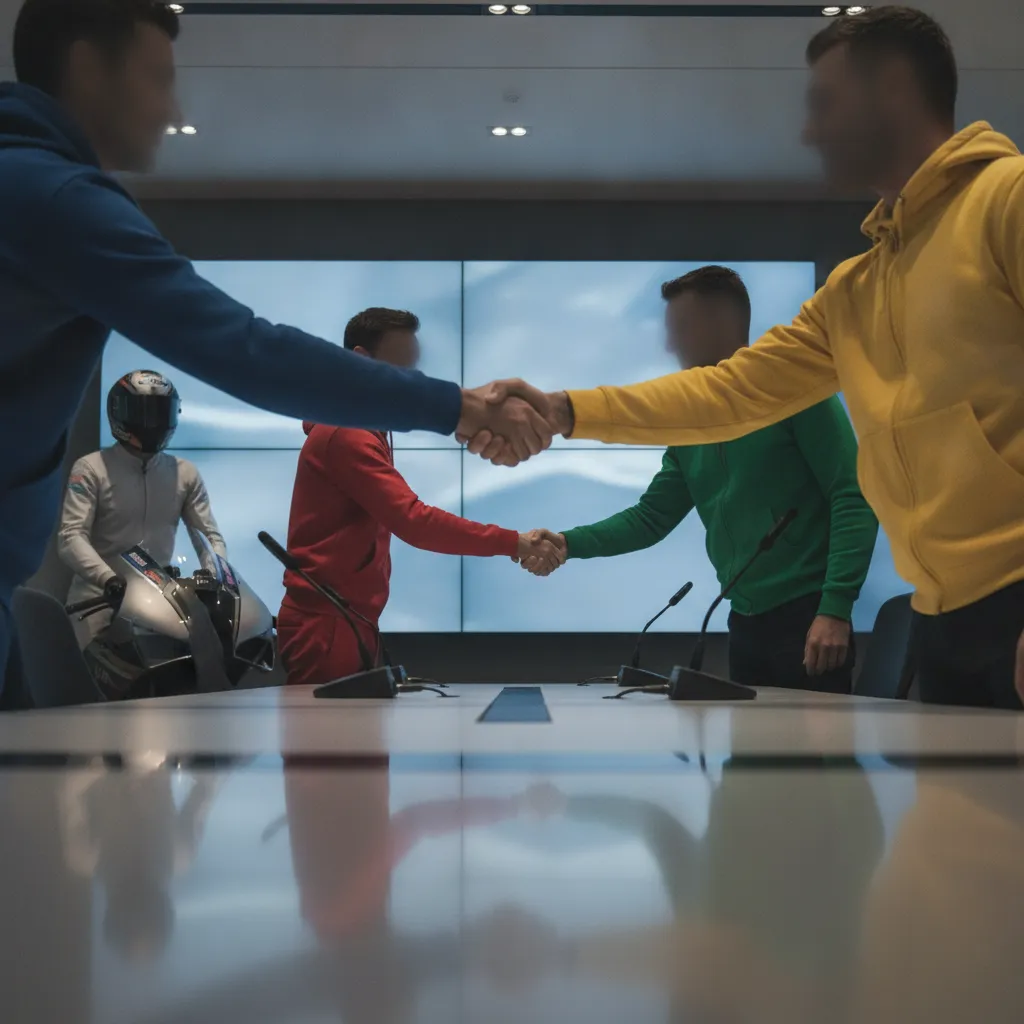 Five men representing different motorcycle racing teams shake hands in agreement at a press conference.