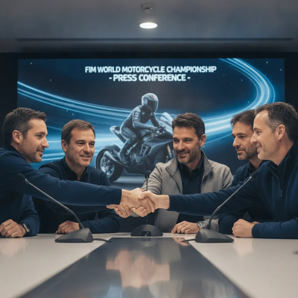 Five men representing different motorcycle racing teams shake hands in agreement at a press conference.