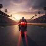 A MotoGP bike seen from the rear as it accelerates down a race track in front of a large crowd at dusk.