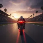 A MotoGP bike seen from the rear as it accelerates down a race track in front of a large crowd at dusk.