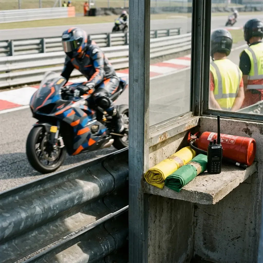 A team of MotoGP marshals observes the race from their post at the side of the track.