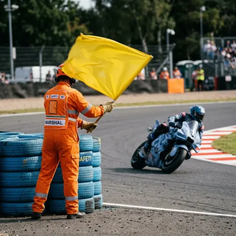 A trackside marshal in a yellow bib waves a yellow flag to warn riders of a hazard.
