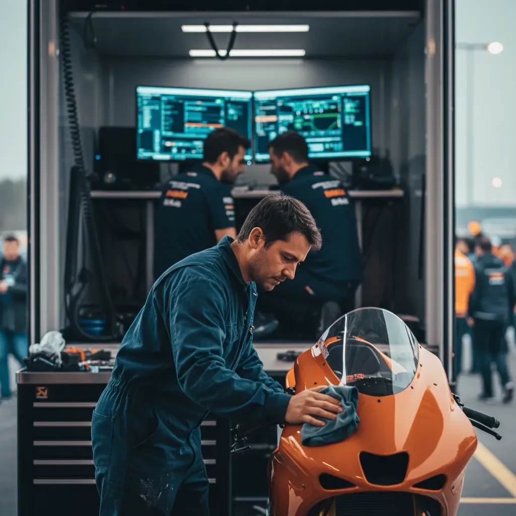A candid, behind-the-scenes shot from inside a bustling team area in the paddock. In the foreground, a mechanic in unbra